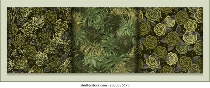 Set of green camouflage seamless patterns with roses, tropical foliage. Dense composition with random overlapping elements. Good for t-shirt design, apparel, fabric, textile, sport goods