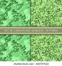 Set of green camouflage wallpapers. Pixel and stain seamless pattern. Vector illustration.