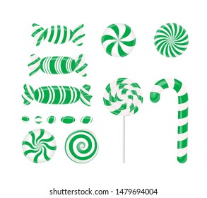 Set of green candies. Caramel, Lollipop, Lollipop, striped candies on white background. Vector element for the design of Christmas New year winter holiday dessert website page and mobile application