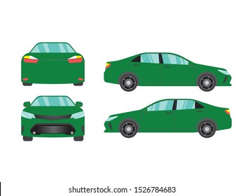 Set of green car view on white backgruond,illustration vector,Side, front, back,Business sedan isolated