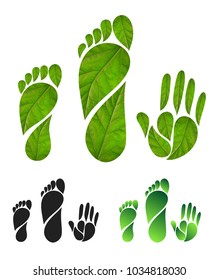 Set of green carbon foot print concept. Silhouette of feet and hands of leaves. Vector illustration. Isolated on white background