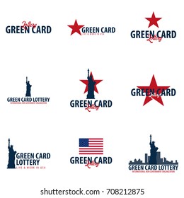 Set Of Green Card Lottery Logos Or Emblems. Immigration And Visa To The USA