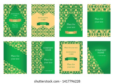 set of green cards in ethnic oriental style. Lace background, floral motifs. Asian ornament of Central Asia. Victorian background.