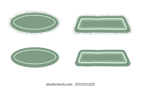 Set of green carpets for decor, bathroom, toilet, beach illustration. Striped, fringed