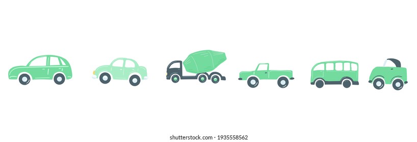 Set von grünen Autos flach einfache Cartoon Stil Handzeichnung. Vektorgrafik