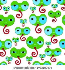 Set of green cartoon frog's heads with long red tongue out on a white background. Seamless pattern, vector.