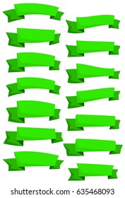 Set of green cartoon ribbons and banners for web design. Great design element isolated on white background. Vector illustration.
