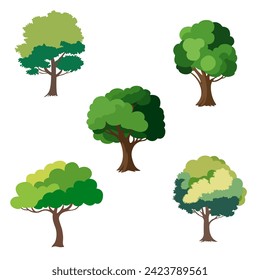 Set of green cartoon tree illustrations isolated on white background for design elements