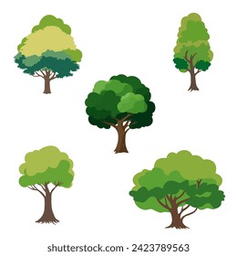 Set of green cartoon tree illustrations isolated on white background for design elements