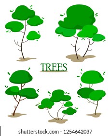 Set of green cartoon trees. Flat stylized fantasy trees