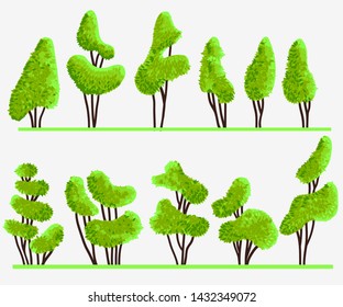 Set of green cartoon trees isolated on white background