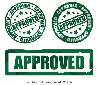 Set of green certified stamps and seals — round and rectangular. Collection of stamps and seals with text approved. Vector icons