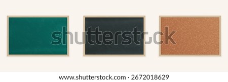Set of Green Chalkboard, Black Chalkboard, and Cork Bulletin Board. Ideal for school, office, or educational layouts and background designs.