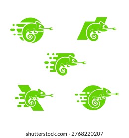 Set of green chameleon logo designs featuring wrench tongues for mechanical repair and maintenance services.