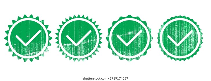 Conjunto de insignias de marca de verificación verde con textura grunge afligida. Conveniente para la garantía de calidad, Aprobación, Estado verificado, etiquetas de la garantía, iconos de la certificación