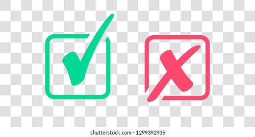 Juego de símbolos de marca verde y símbolo de marca cruzada roja X