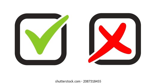 Set of Green Check Mark Icon and Red X cross Tick Symbol. Vector illustration