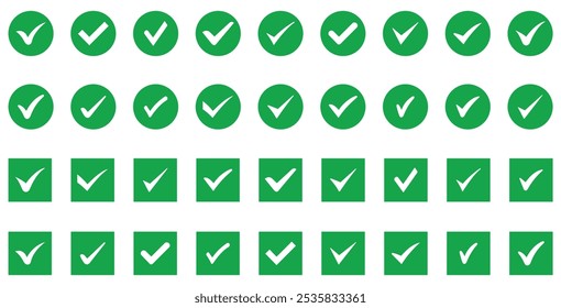 Satz grüner Häkchen. Markierungssymbolsammlung. Ok, genehmigen, Symbole akzeptieren. Symbol oder richtiges Auswahlzeichen aktiviert. Abbildung eines Auswahlfelds. Symbole ankreuzen.