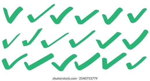 Conjunto de icono de marca de verificación verde. Ilustración de marca de verificación dibujada a mano. Marca de verificación verde, símbolo de marca, marca OK signo, icono derecho, solucionar signo, icono de Vector de éxito. ilustración de una marca de verificación