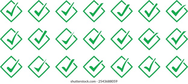 Conjunto de icono de marca de verificación verde. Ilustración de lista de verificación dibujada a mano. Marca de verificación verde, símbolo de marca, marca OK signo, icono derecho, solucionar signo, icono de Vector de éxito. ilustración de una marca de verificación	