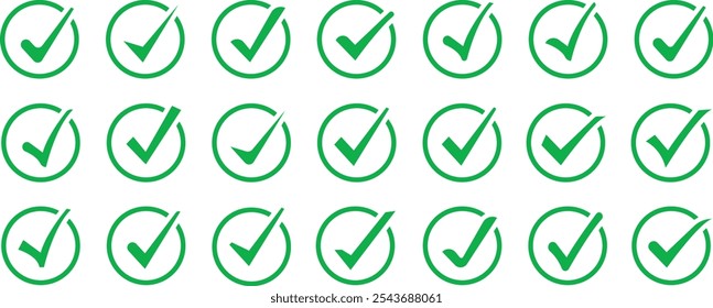 Conjunto de icono de marca de verificación verde. Ilustración de lista de verificación dibujada a mano. Marca de verificación verde, símbolo de marca, marca OK signo, icono derecho, solucionar signo, icono de Vector de éxito. ilustración de una marca de verificación	