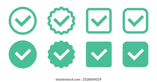 Set of green check mark icons. Circle and square shapes in flat and line style. Approval badges. Vector illustration
