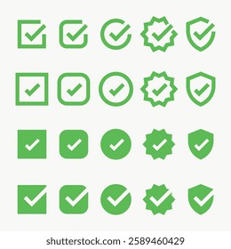 Set of green check mark icons in various shapes: circles, squares, stars, and shields. Green check marks indicate approval, success, and confirmation. Vector element set.