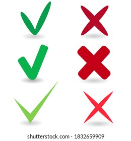 Set of green check mark, red cross icons. Approval and rejection symbols. Do and do not. Vector image
