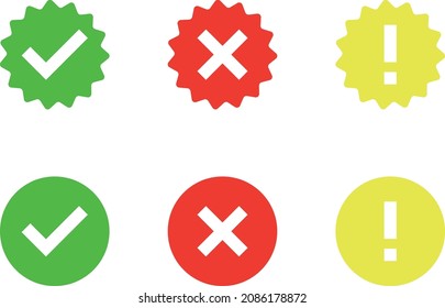 Set of green check mark, red x mark and yellow exclamation point icons, buttons on white background.