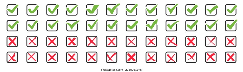 Set of green check mark and red cross icons. Tick and cross symbol collection. Yes or no symbol set. Check and cross icons