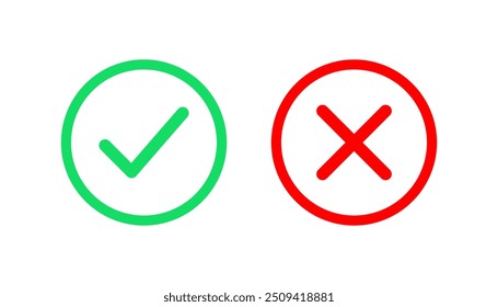 Set of green check mark and red cross icons. Checklist symbol, approval plan, and checklist sign. Vector Illustration