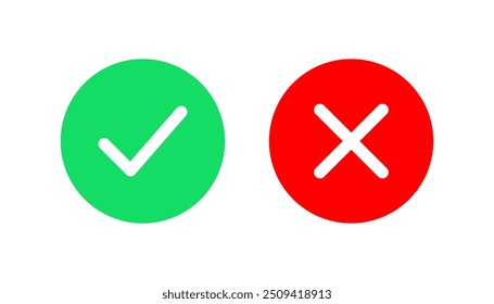 Conjunto de iconos de marca de verificación verde y cruz roja. Símbolo de lista de comprobación, Plan de Aprobación y signo de lista de comprobación. Ilustración vectorial