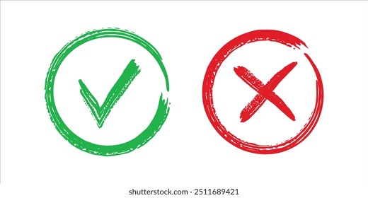 Conjunto de iconos de marca de verificación verde y cruz roja. Símbolo de lista de comprobación, Plan de Aprobación y signo de lista de comprobación. Ilustración vectorial