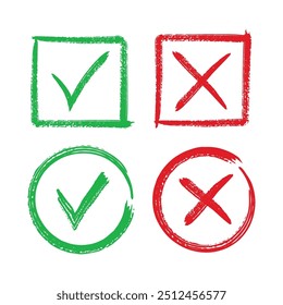 Satz grüner Häkchen und roter Kreuze. Prüflistensymbol, Genehmigungsplan und Prüflistenzeichen. Vektorgrafik