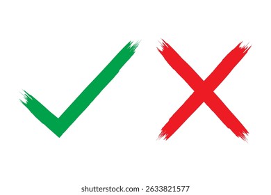 Set of green check mark and red cross drawn with brush.Grunge texture of yes and no elements.Vector.