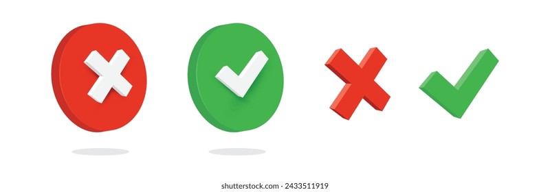 Una marca de verificación verde, que simboliza la aprobación o la corrección, se coloca cerca de una cruz roja, que representa el rechazo o la incorrección. Ambos iconos se representan en un estilo tridimensional.
