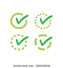 Set of green check marks in a circle with dashes, dots and lines. Vector illustration.