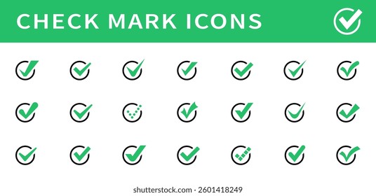 Set of green check marks in a circle. Check marks or ticks. Green confirm symbol. Vector icon confirm acceptance of a positive passed agreement on voting or completion of tasks in the list. Vector