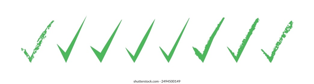 Set of green check marks on a white background. Green tick. Isolated. Correct.  Icons. Symbol sign. Hand drawn. Doodle. Vector. Grunge textures. Brush. Ok. Verified