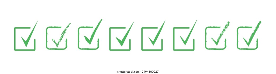 Set of green check marks on a white background. Green tick. Isolated. Correct.  Trendy icons. Symbol sign. Hand drawn. Doodle. Vector. Grunge textures. Brush. Ok. Verified. Textbox. Frame. Acceptance