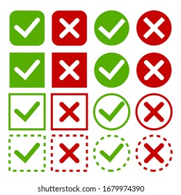 Set Green Check Marks And Red Crosses Of Simple Web Buttons. Large Collection Of Flat Buttons.