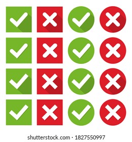 Set green check marks and red crosses of simple web buttons. Circle and square. Large collection of flat buttons with long shadow. Vector illustration.