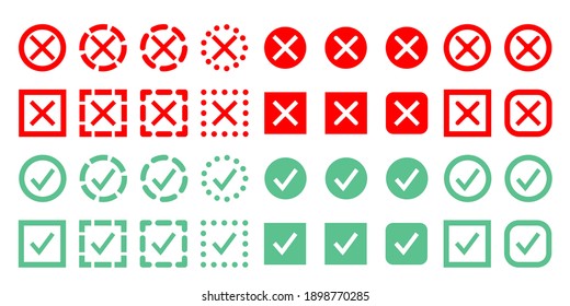 Set green check marks and red crosses of simple web buttons. Large collection of flat buttons.