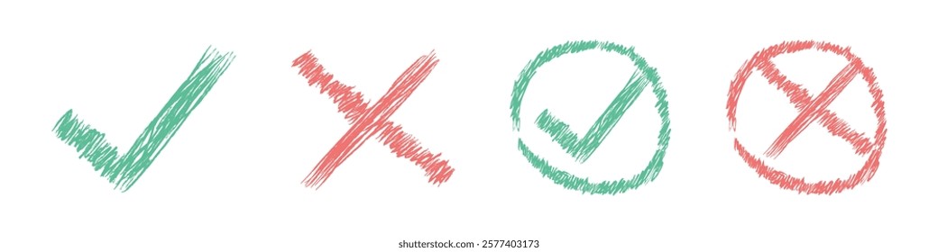 Set of green check marks and red crosses in sketch style. Hand-drawn icons with and without circular outlines on white background. Design for templates, banners, and presentations. Vector illustration