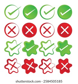 Set green check marks and red crosses of simple web buttons. New collection of flat buttons for your project, web, Vector eps 10