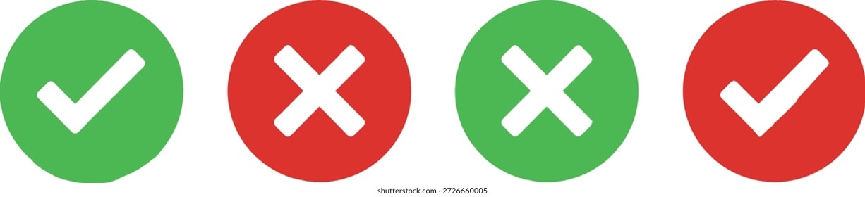 Conjunto de marcas de verificación verdes e íconos de cruz roja, garrapata circular y símbolos x, Elementos de Botón de Vector de elección aislados.