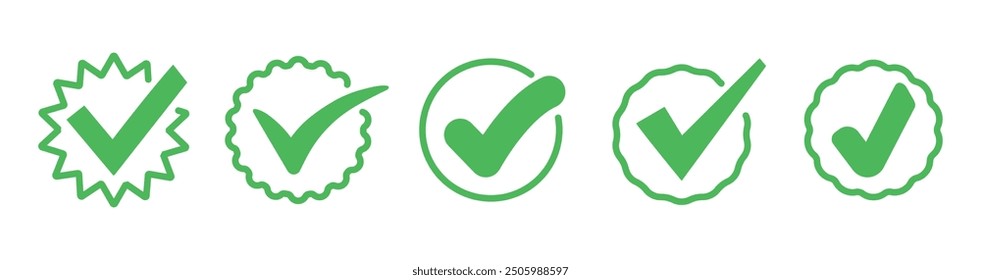 Gruppe grüner Häkchen. Grüne Zecke. Richtig. Trendige Symbole. Symbolzeichen. Handgezeichnet. Doodle. Vektor. Grunge-Texturen. Pinsel. Ok. Geprüft. Textfeld und Kontrollkästchen. Rahmenabstimmung. Schaltfläche. Ja 