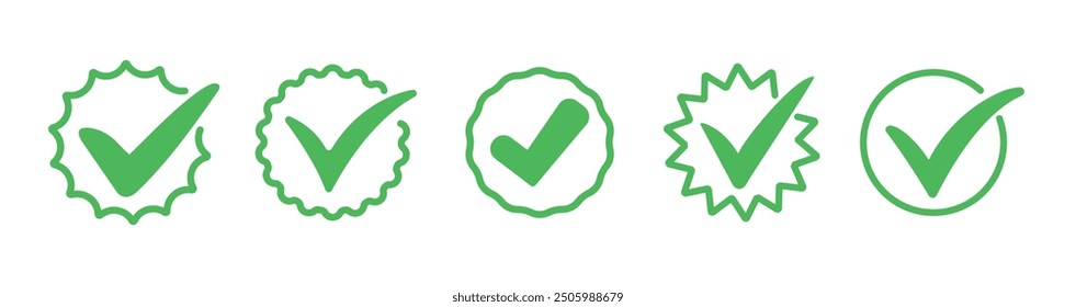 Conjunto de marcas de verificación verdes. Una garrapata verde. Correcto.  Iconos de moda. Signo de símbolo. Dibujado a mano. Doodle. Vector. Texturas grunge. Cepillo. Ok. Verificado. Caja de texto y Casilla de verificación. Voto marco. Hecho