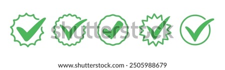 Set of green check marks. Green tick. Correct.  Trendy icons. Symbol sign. Hand drawn. Doodle. Vector. Grunge textures. Brush. Ok. Verified. Textbox and checkbox. Frame vote. Done