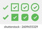 Set of green check marks in various shapes: square, circle, rounded square. Green check marks on transparent background. Symbols of approval and correctness. Vector element set.